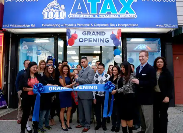 ATAX franchisees and team welcoming the community at a new bilingual tax office opening — the growth-catalyst customer base ATAX is built to serve